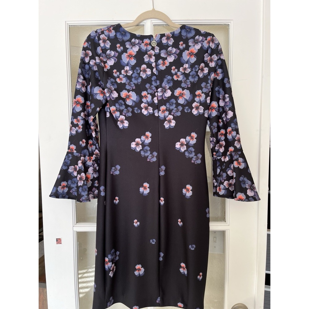 Women's Knee Length Floral Navy Blue Tommy Hilfiger Dress Bell Sleeve Size 6 - Picture 5 of 8